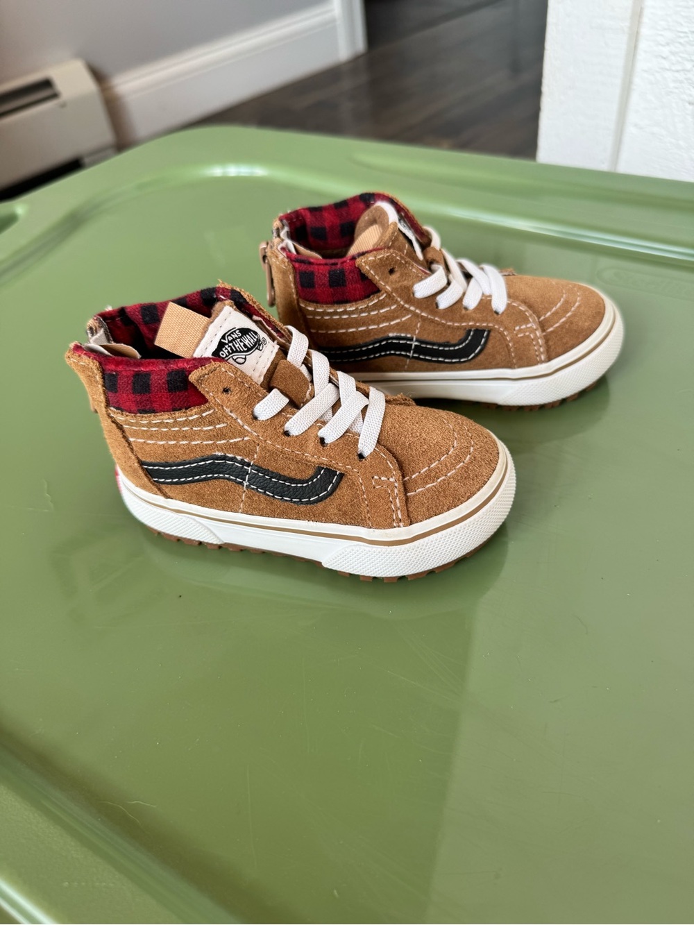 Vans Kids Tan Suede High-Top Sneakers with Red Plaid Lining